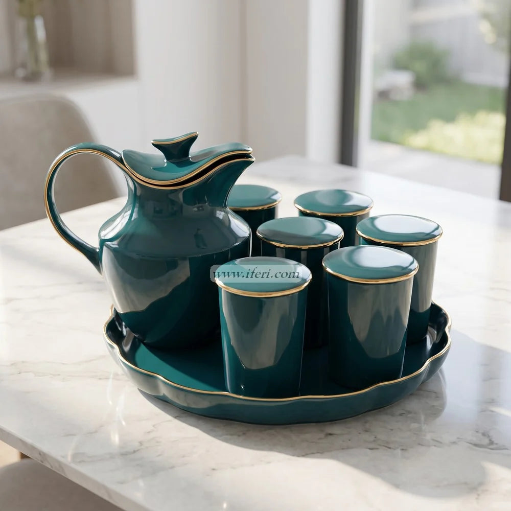 Ceramic Water Jug with 6 Glasses with Tray